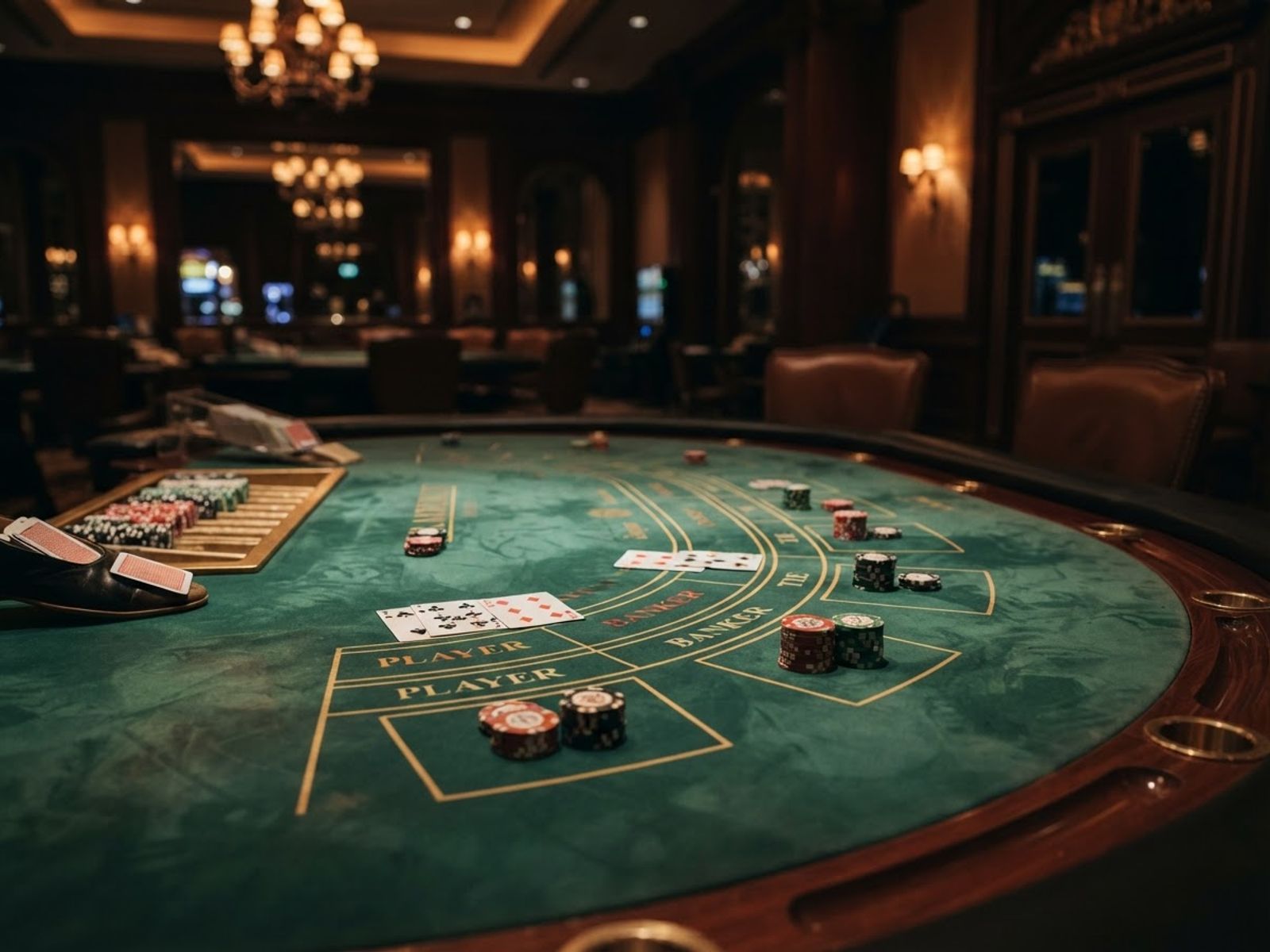 Table de baccarat avec cartes et jetons en jeu
