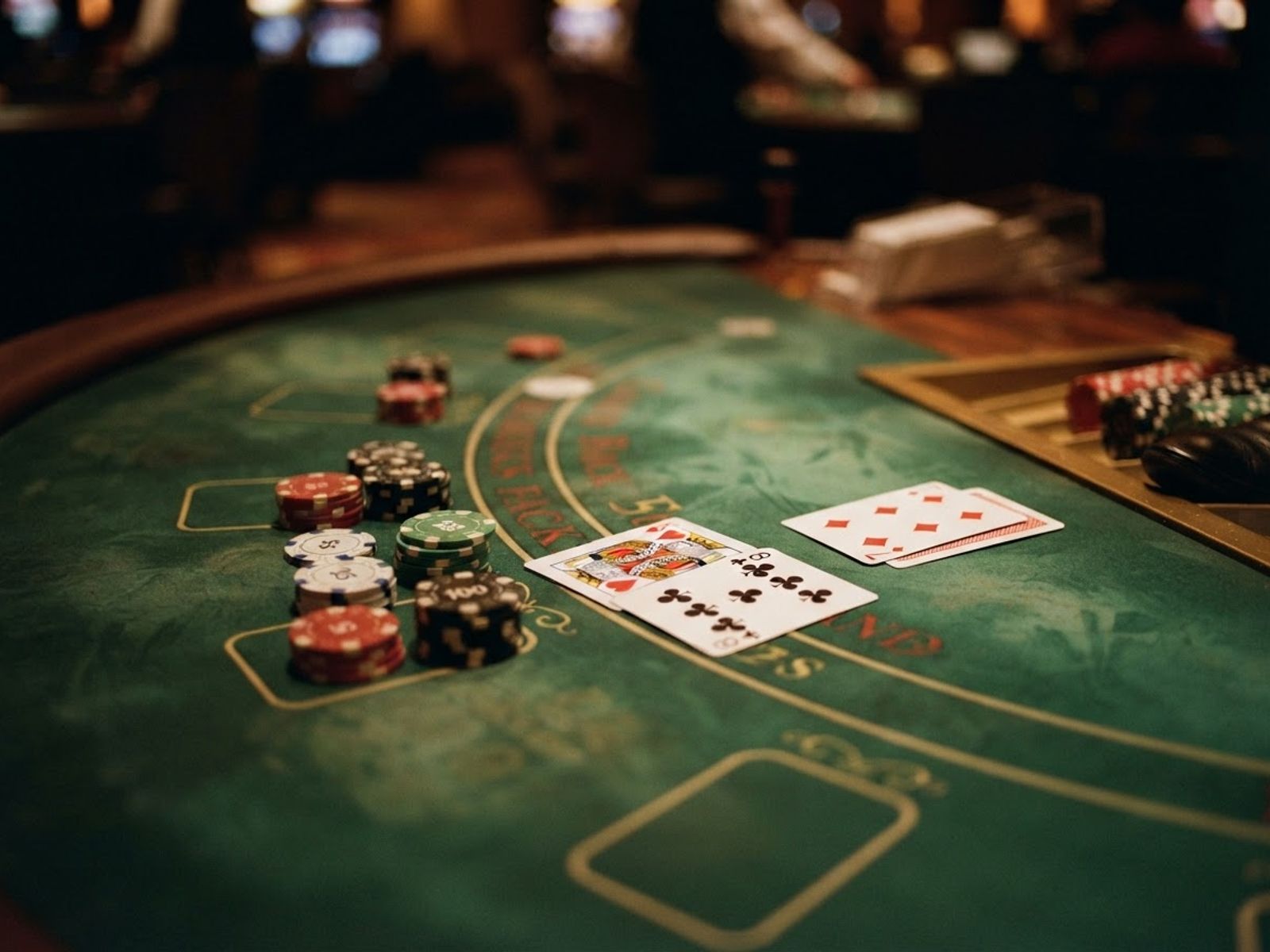 Table de blackjack avec cartes et jetons sur feutrine