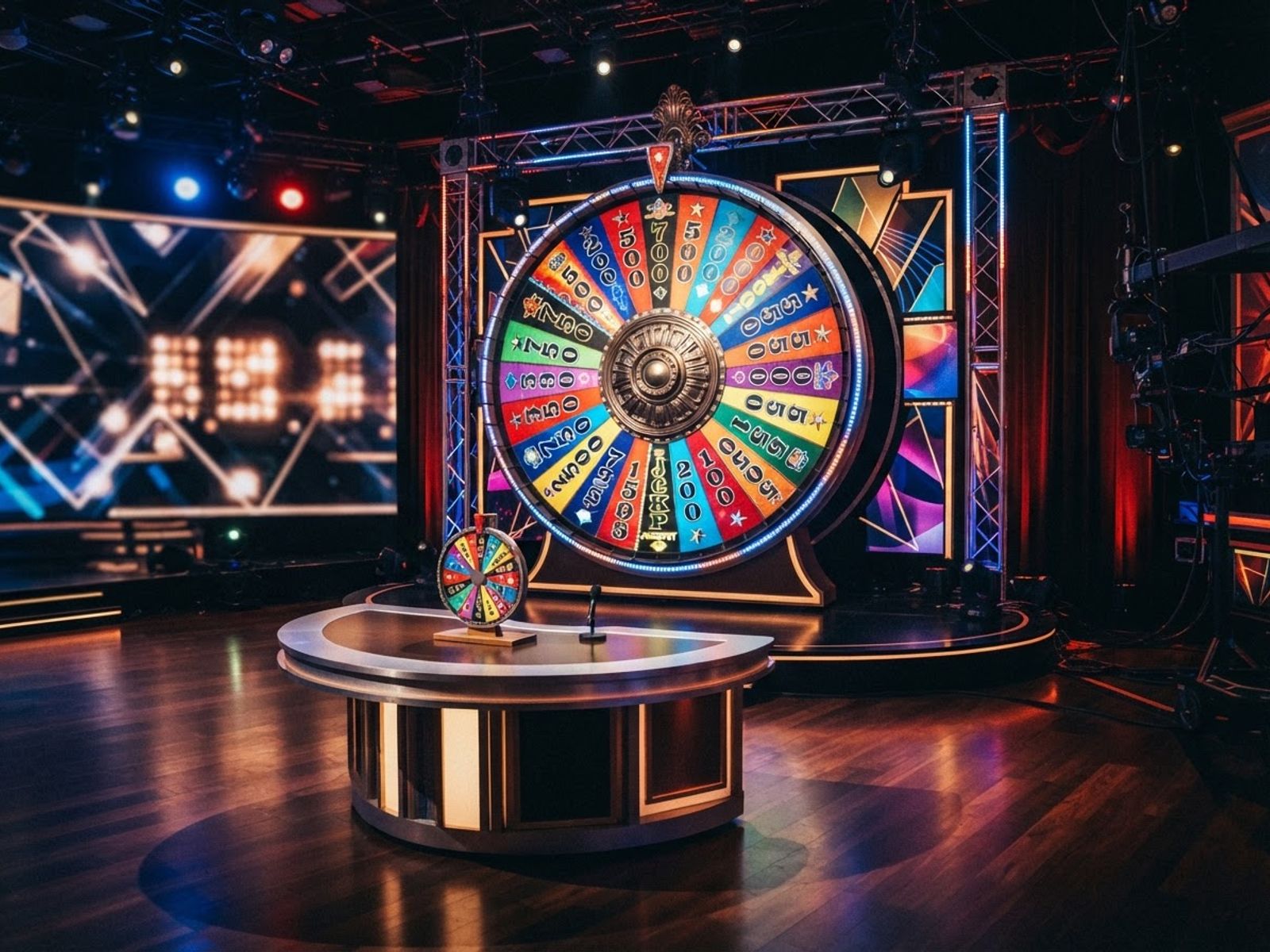 Roue de jeu spectacle avec segments colorés en direct