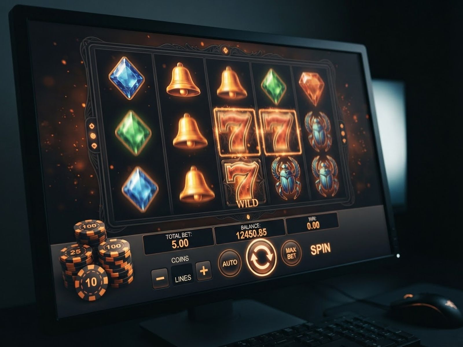 Écran de casino en ligne avec jeux et jetons