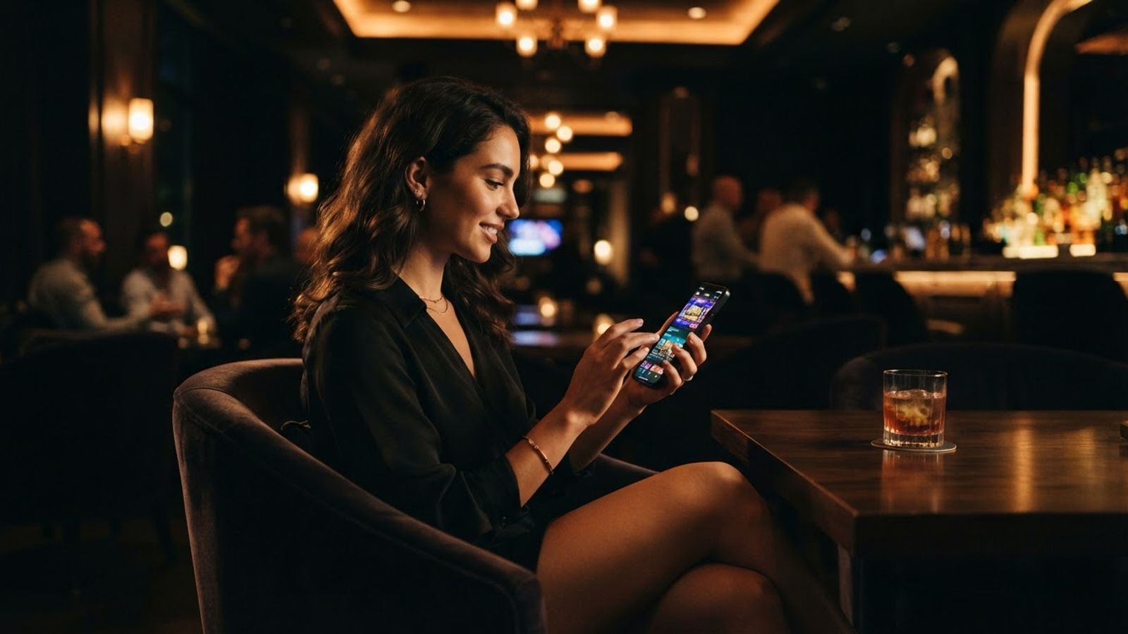 Joueur utilisant un téléphone portable devant un écran de casino